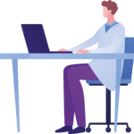 Illustration of doctor sitting at desk with open laptop