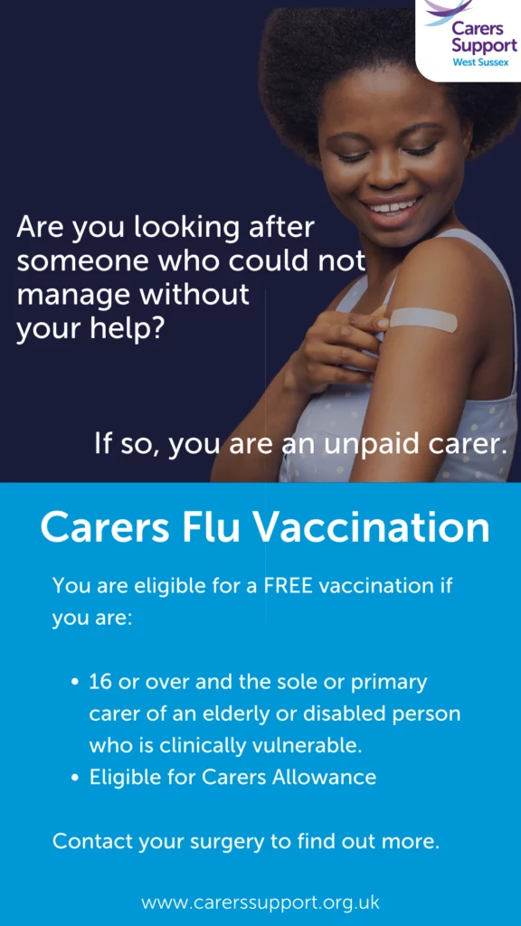 Carers Flu Vaccination poster with young girl and plaster to arm