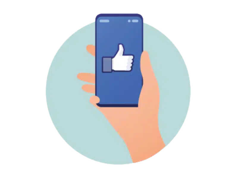 Illustration for social media with persons hand holding mobile phone with Facebook thumbs up to screen